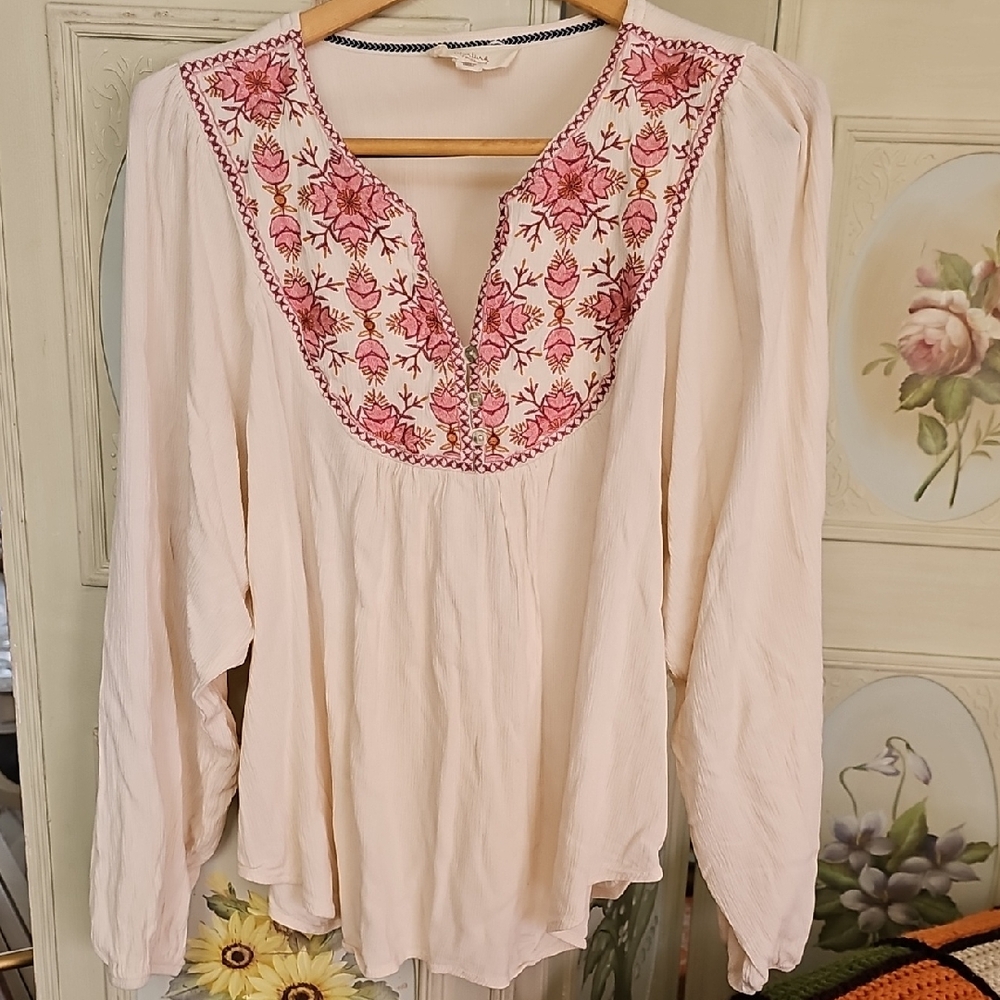 Westbound Cream Blouse with Pink Floral Embroidery